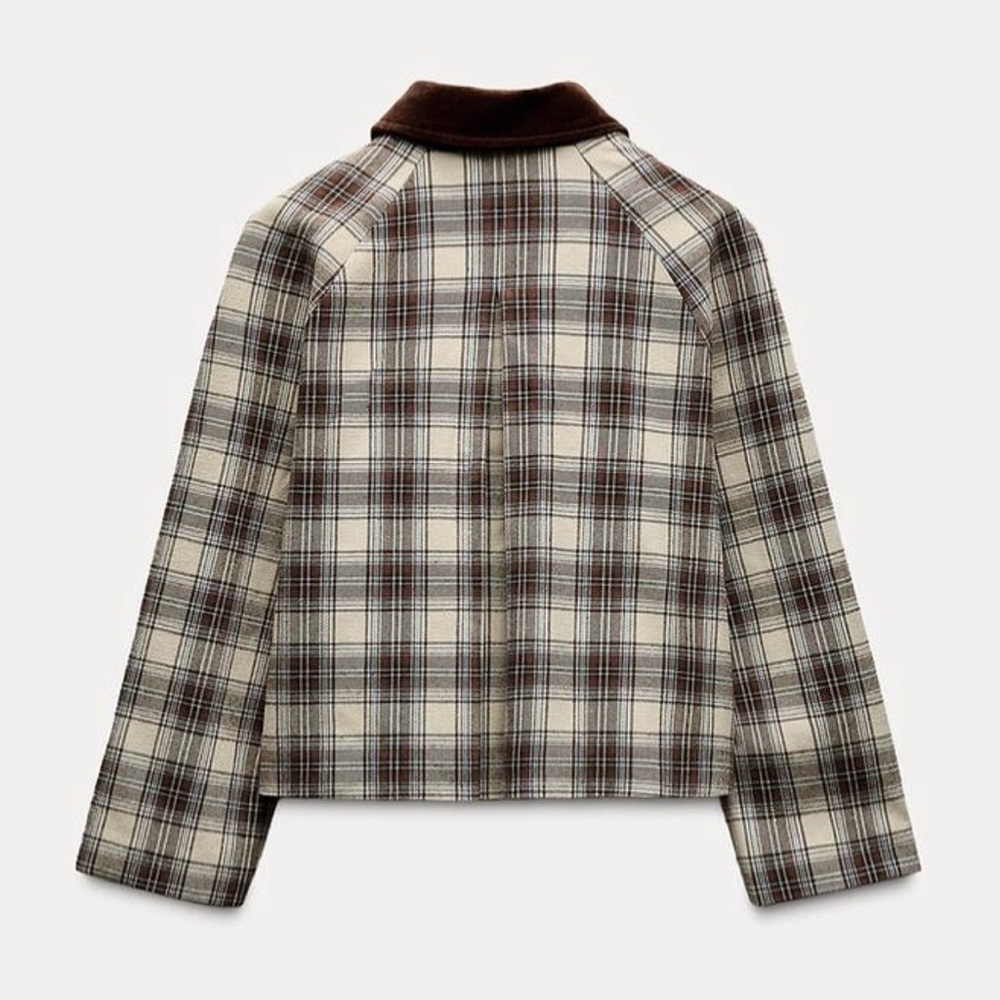 Zara Plaid Bomber Jacket in Brown and Cream with Corduroy Collar - Picture 2 of 5